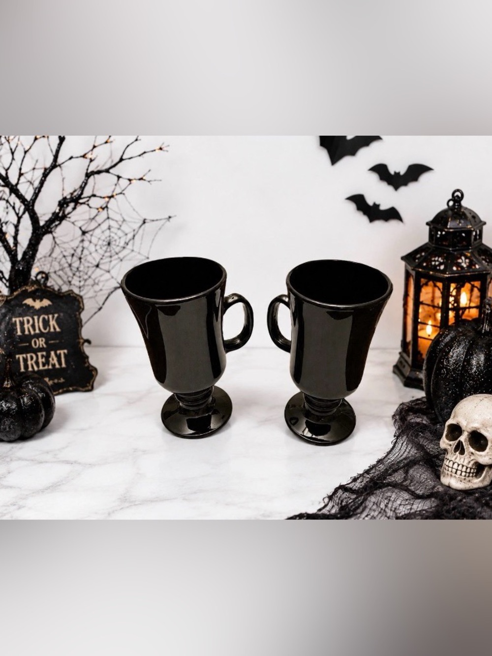 Vintage Libbey Black Glass Irish Coffee Mugs Pedestal Halloween Goth S/2 Pair